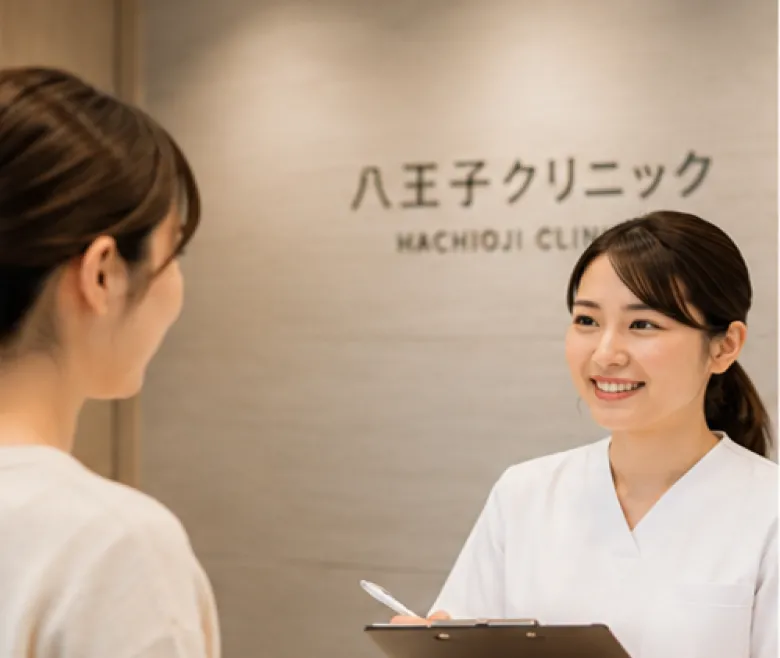 受付で案内するスタッフ