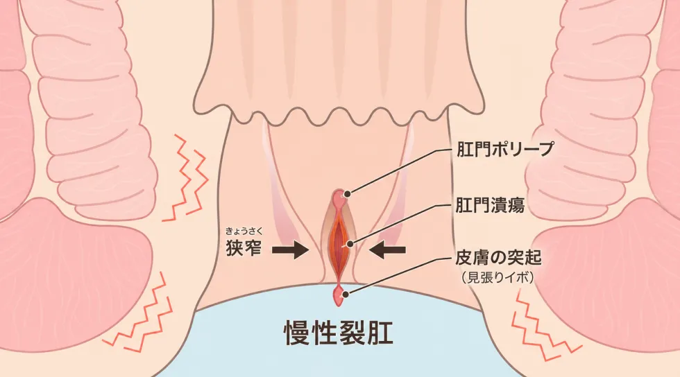 慢性裂肛（肛門ポリープ・肛門潰瘍・皮膚の突起・狭窄）を示す断面イラスト