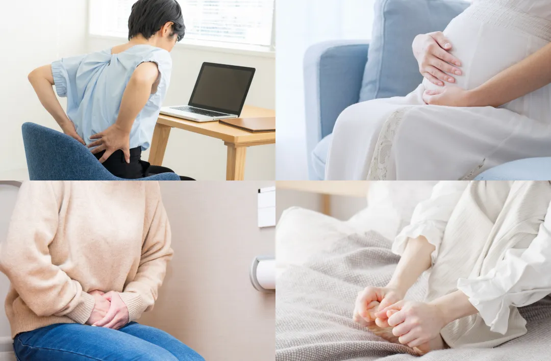 いぼ痔の主な原因のイメージ（長時間の座位・妊娠・冷えなど）
