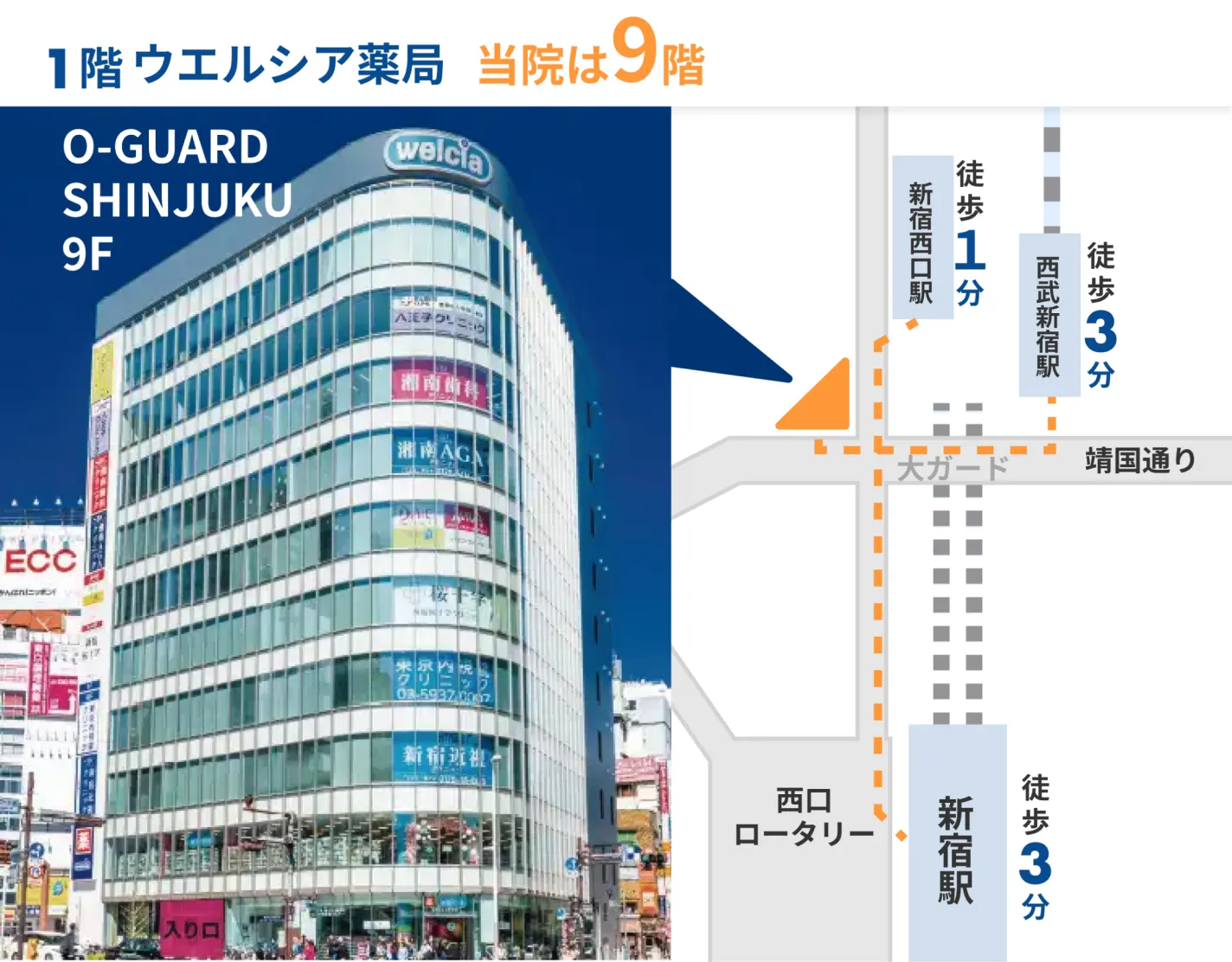 新宿駅から八王子クリニック新宿までの案内地図